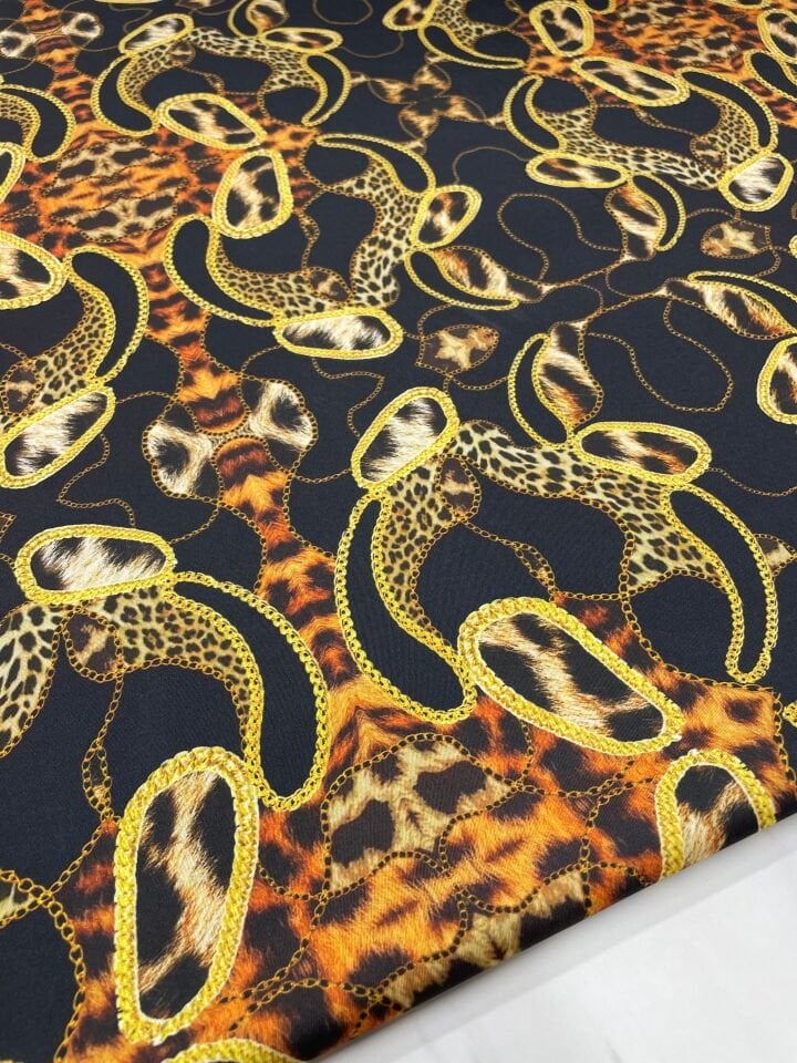 Leopar Detaylı Zincir Desen Elbiselik Gömleklik Tivil Saten Kumaş