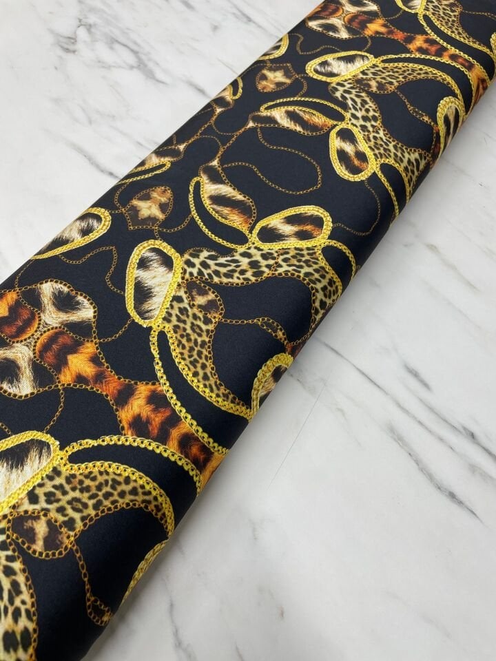 Leopar Detaylı Zincir Desen Elbiselik Gömleklik Tivil Saten Kumaş