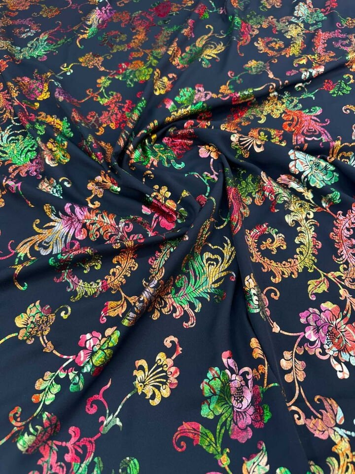 Fantazi Ürün Hologram Kablama Çiçek Desen Krep Kumaş Elbise Etek Şalvar Yöresel Kombin