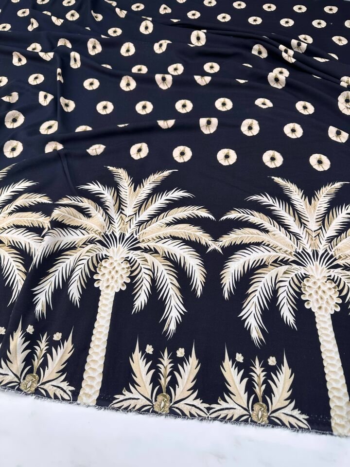 Palmiye Tek Taraf Desenli Elbiselik Payeoluk Viskon Kumaş