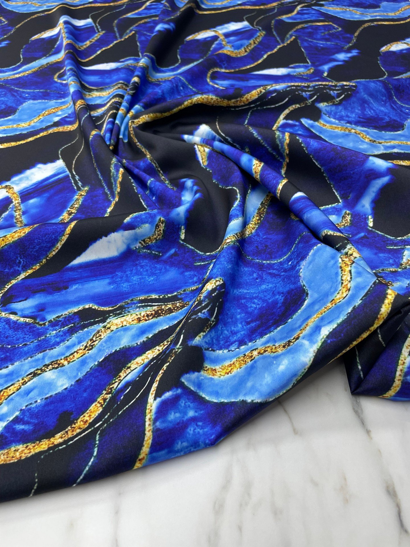 Mavi Mermer Desen Elbiselik Gömleklik Tivil Saten Kumaş