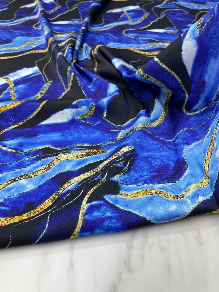 Mavi Mermer Desen Elbiselik Gömleklik Tivil Saten Kumaş