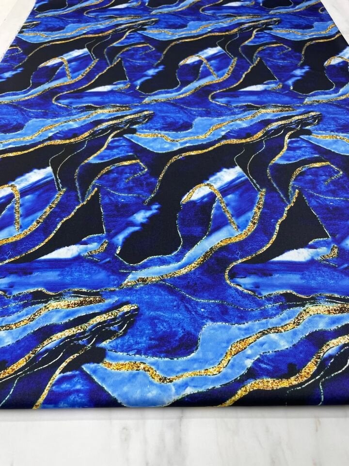 Mavi Mermer Desen Elbiselik Gömleklik Tivil Saten Kumaş
