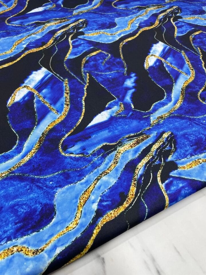 Mavi Mermer Desen Elbiselik Gömleklik Tivil Saten Kumaş