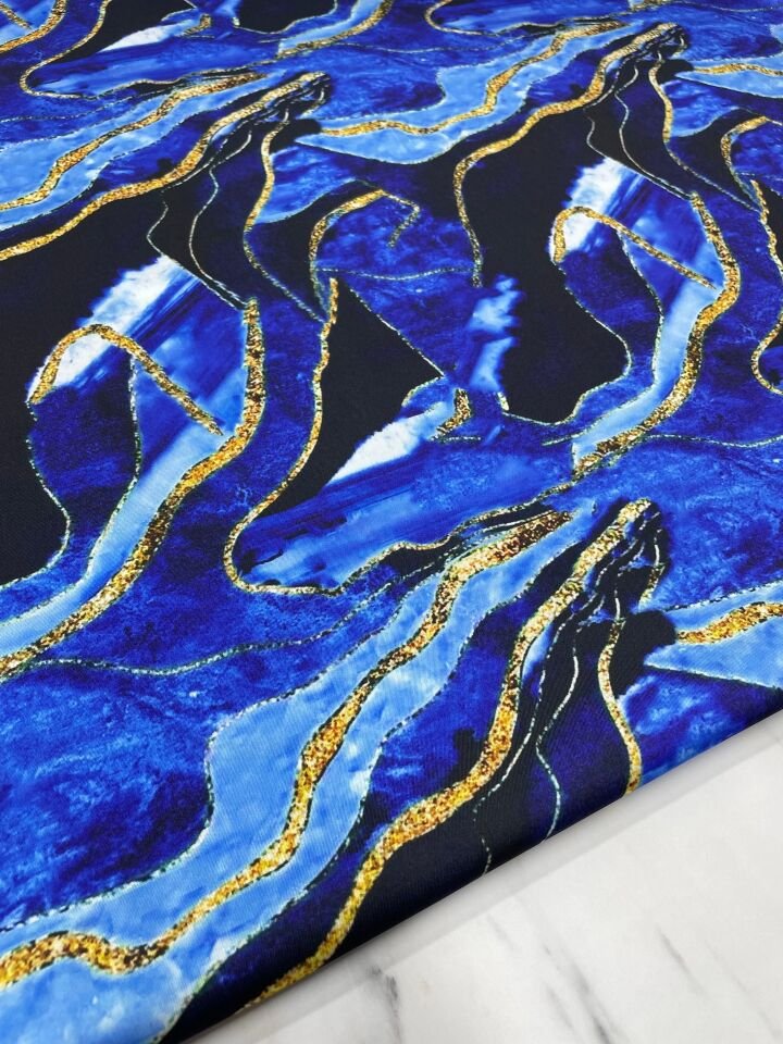 Mavi Mermer Desen Elbiselik Gömleklik Tivil Saten Kumaş