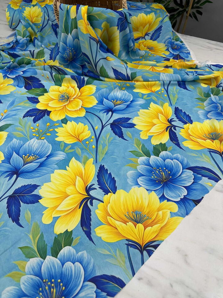 Sarı Bahar Desen Krep Kumaş