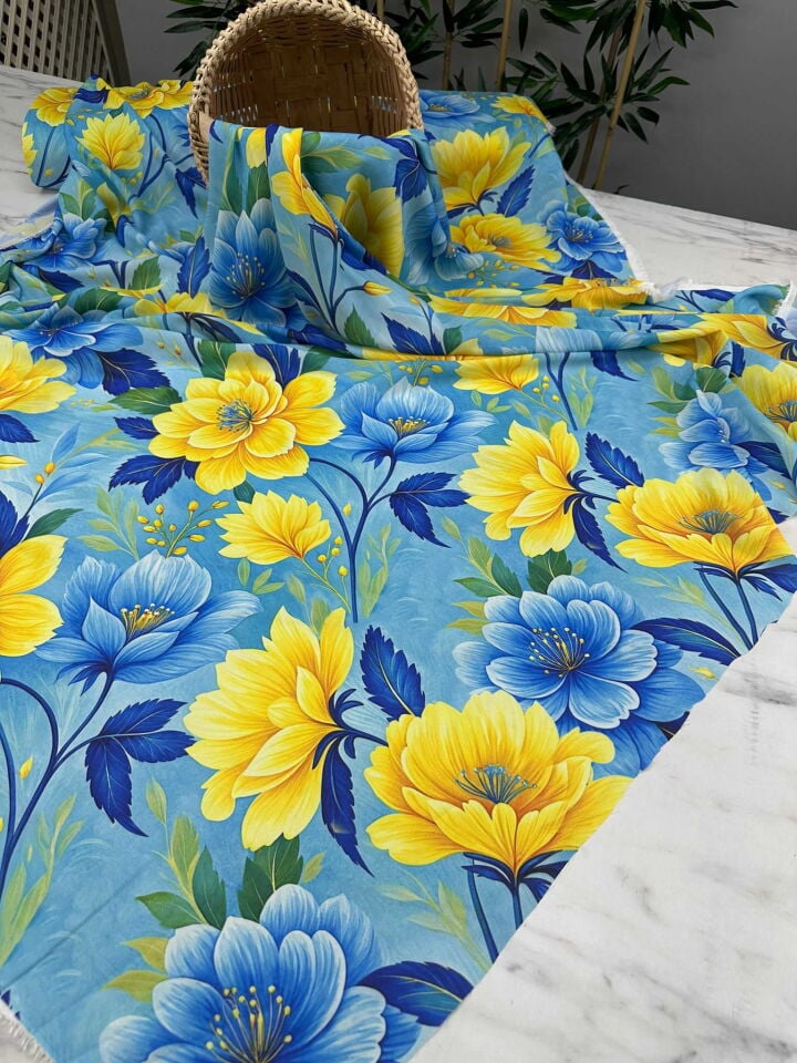 Sarı Bahar Desen Krep Kumaş