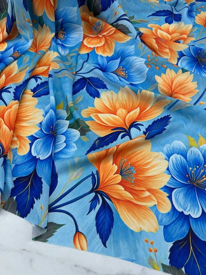 Turuncu Bahar Desen Krep Kumaş