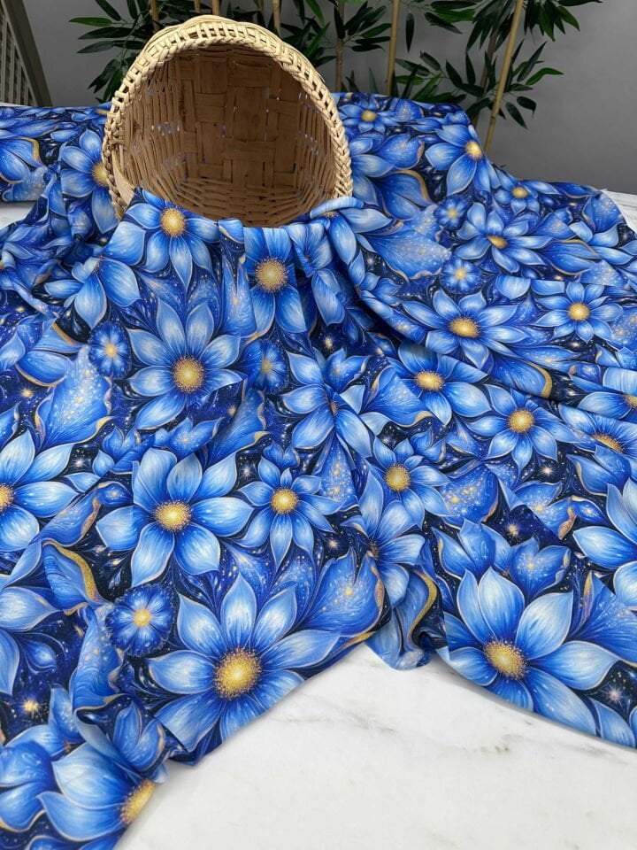 Mavi Zambak Desen Krep Kumaş