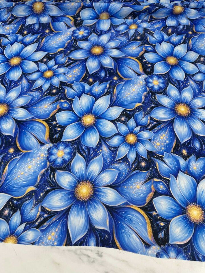 Mavi Zambak Desen Krep Kumaş