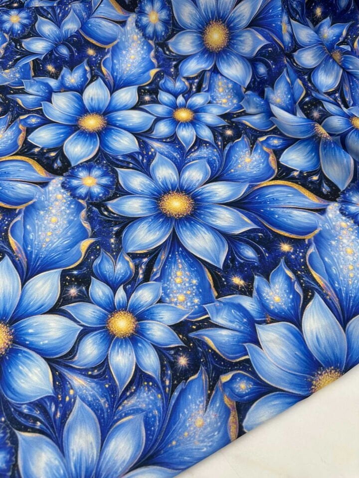 Mavi Zambak Desen Krep Kumaş