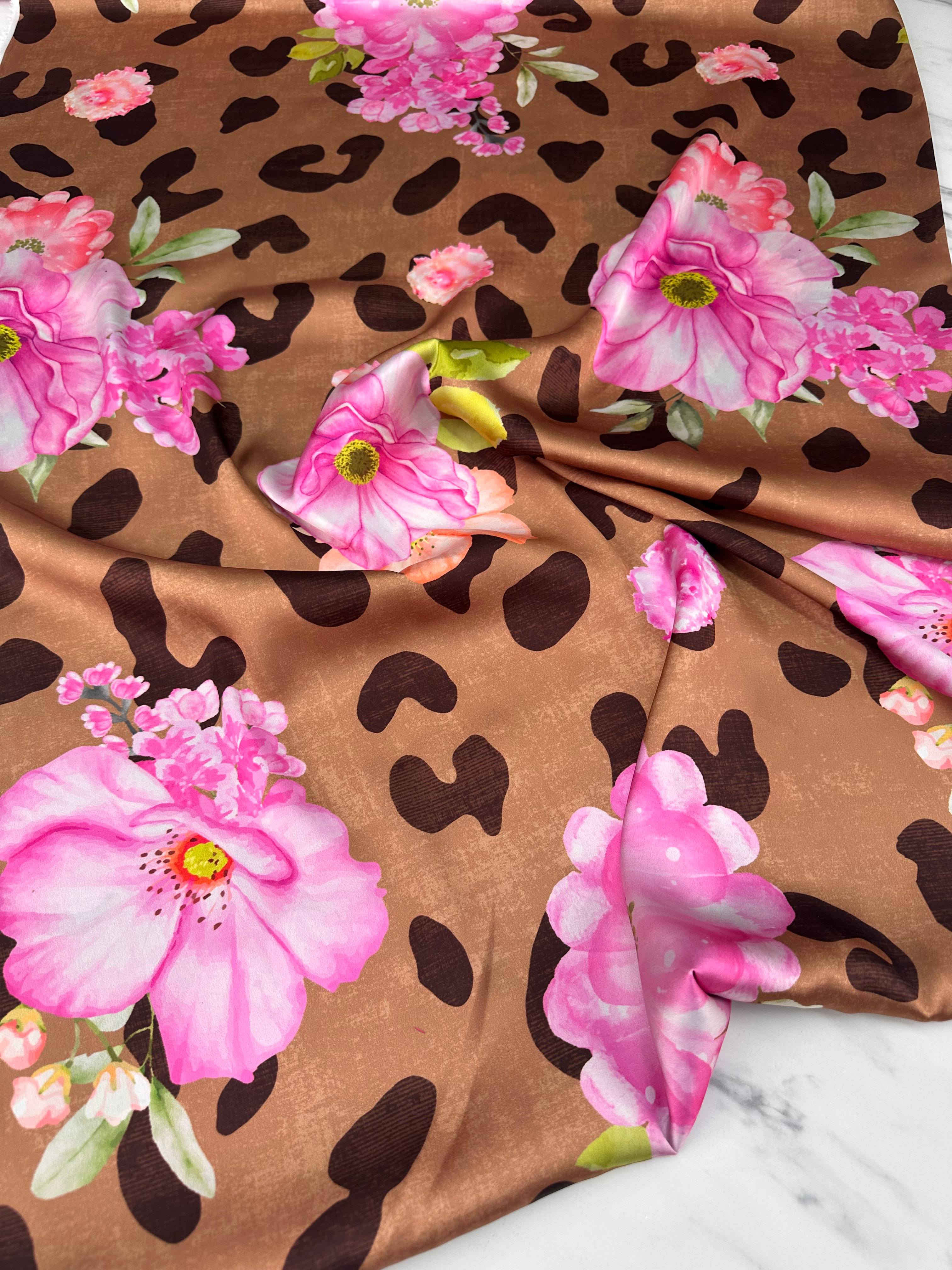 Leopar Gül Desen Elbiselik Gömleklik İpek Saten Kumaş