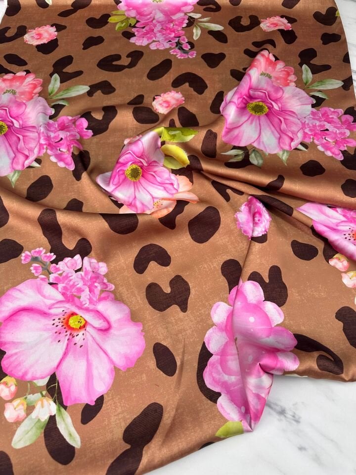 Leopar Gül Desen Elbiselik Gömleklik İpek Saten Kumaş