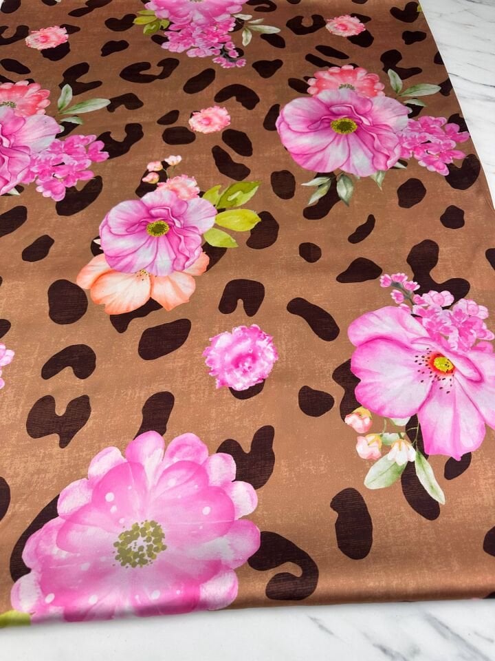 Leopar Gül Desen Elbiselik Gömleklik İpek Saten Kumaş