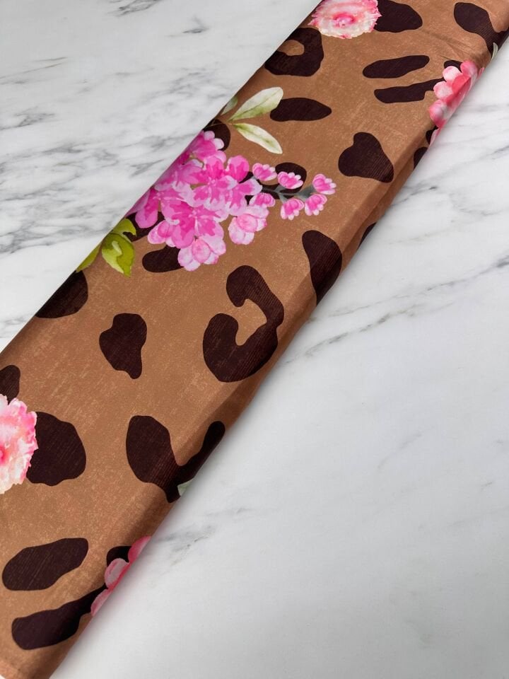 Leopar Gül Desen Elbiselik Gömleklik İpek Saten Kumaş