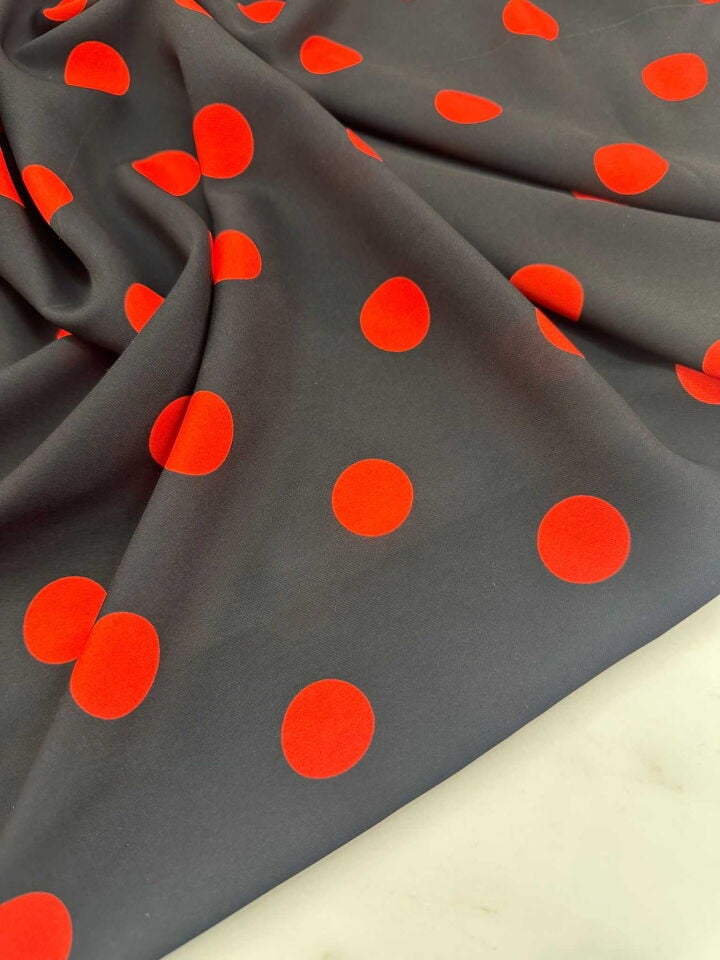 Fantazi Siyah Kırmızı Puantiye Krep Kumaş Elbise Etek Gömlek Şalvar