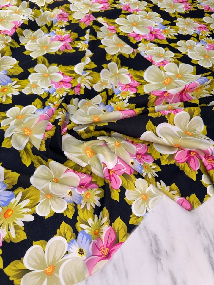 Milas Çiçegi Desen Elbiselik Şalvarlık Krep Kumaş