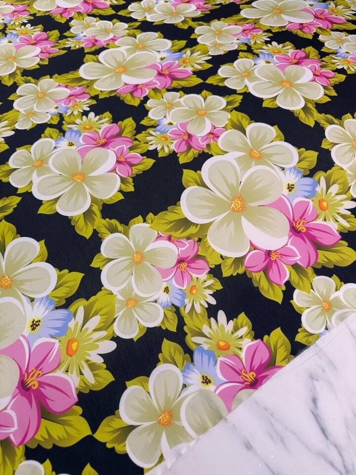 Milas Çiçegi Desen Elbiselik Şalvarlık Krep Kumaş