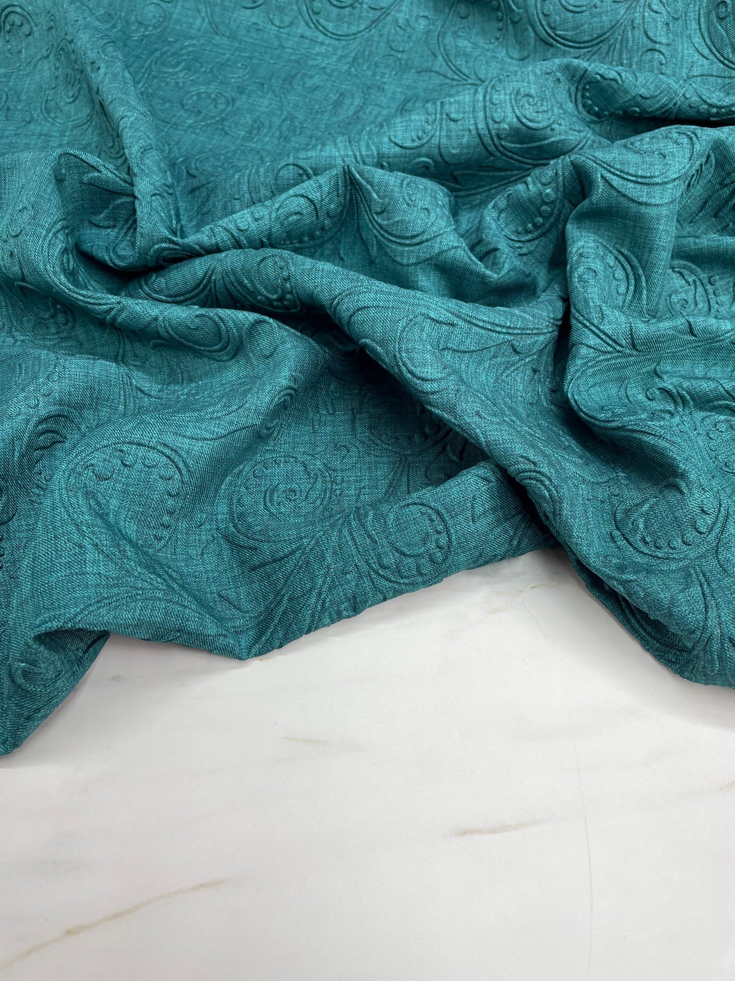 Mavi Kabartma Desenli Eteklik Ceketlik Elbiselik Keten Kumaş