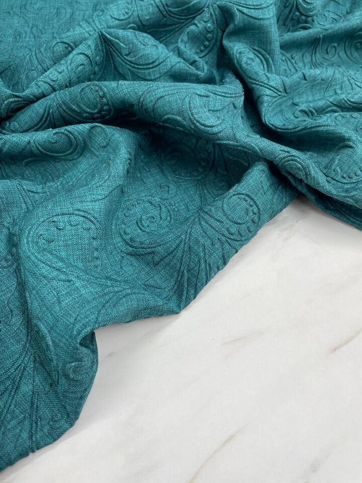 Mavi Kabartma Desenli Eteklik Ceketlik Elbiselik Keten Kumaş