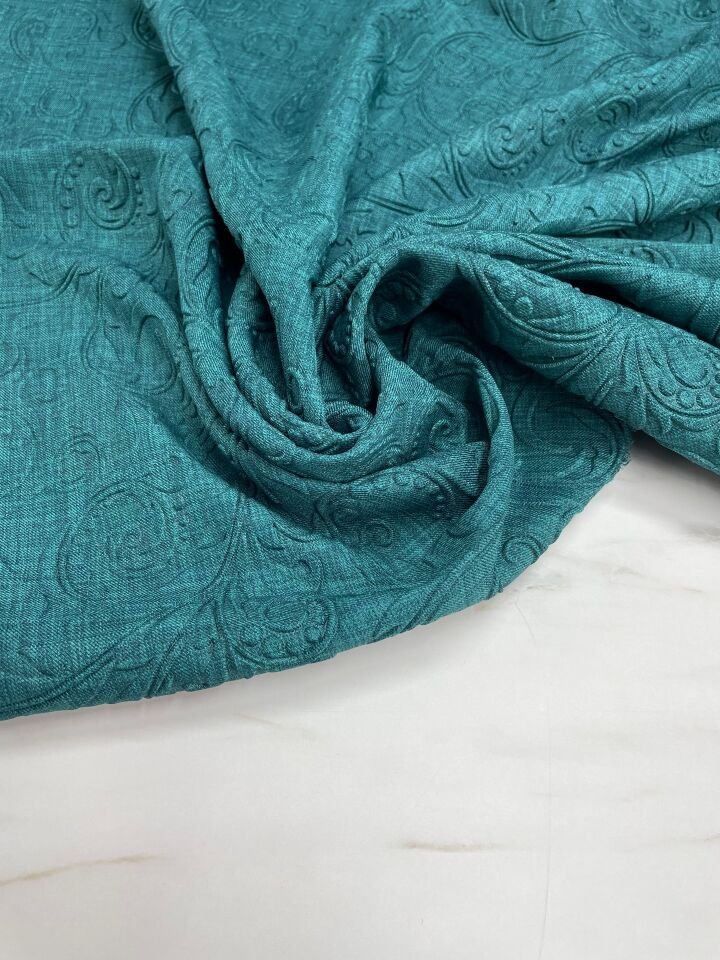 Mavi Kabartma Desenli Eteklik Ceketlik Elbiselik Keten Kumaş