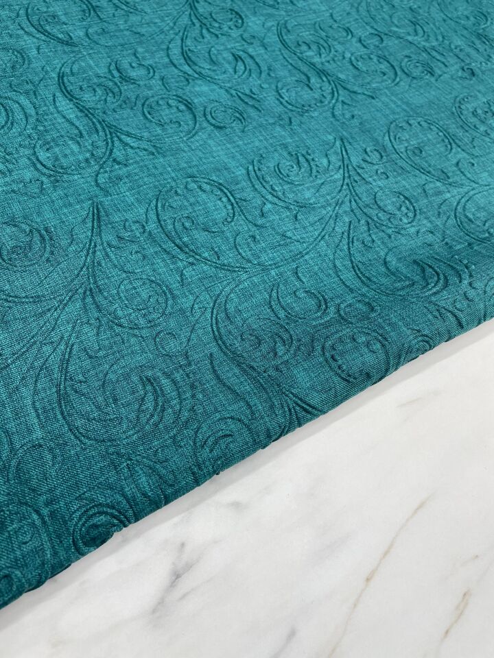 Mavi Kabartma Desenli Eteklik Ceketlik Elbiselik Keten Kumaş