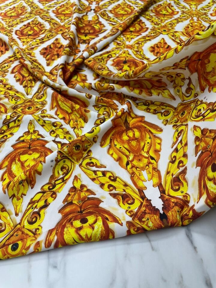 Sarı İkat Desen Elbiselik Gömleklik Tivil Saten Kumaş
