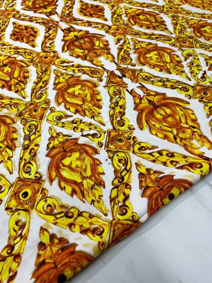 Sarı İkat Desen Elbiselik Gömleklik Tivil Saten Kumaş