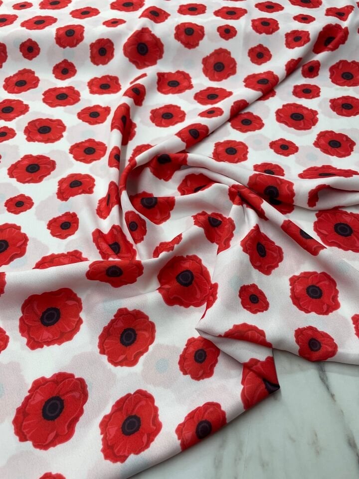 Kırmızı Geranium Desen Elbiselik Gömleklik Krep Kumaş