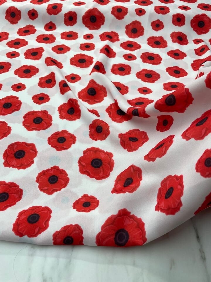 Kırmızı Geranium Desen Elbiselik Gömleklik Krep Kumaş