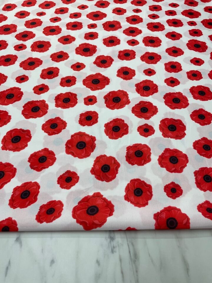 Kırmızı Geranium Desen Elbiselik Gömleklik Krep Kumaş