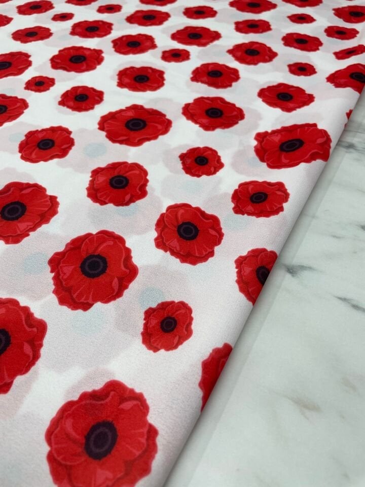 Kırmızı Geranium Desen Elbiselik Gömleklik Krep Kumaş