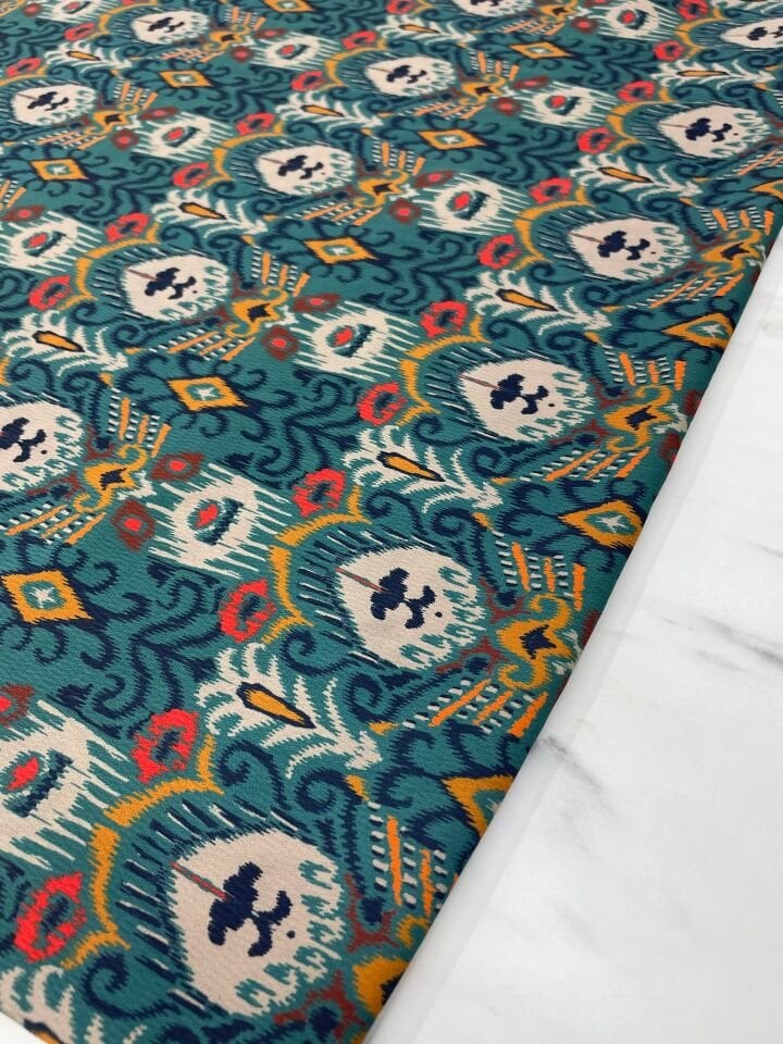 Yeşil İkat Desen Elbiselik Gömleklik Krep Kumaş