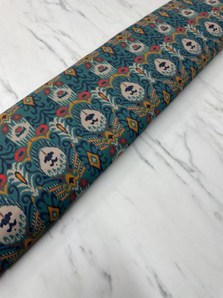 Yeşil İkat Desen Elbiselik Gömleklik Krep Kumaş