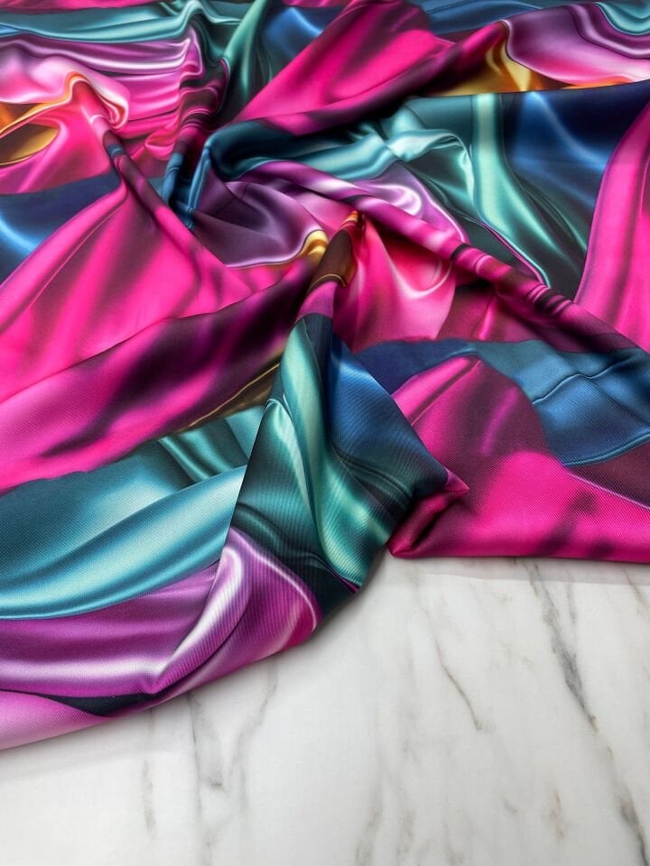 Renkli Dalga Desen Elbiselik Gömleklik Tivil Saten Kumaş