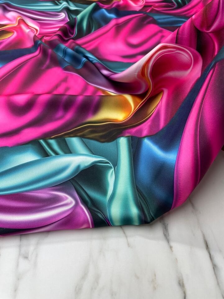 Renkli Dalga Desen Elbiselik Gömleklik Tivil Saten Kumaş