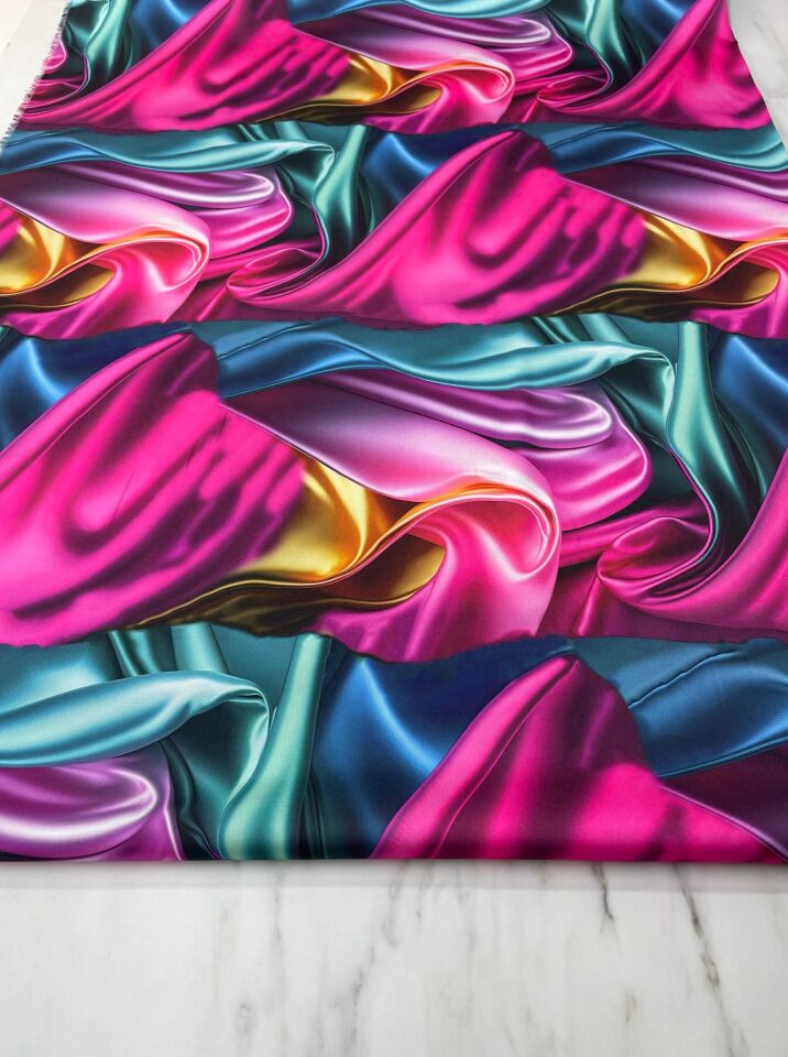 Renkli Dalga Desen Elbiselik Gömleklik Tivil Saten Kumaş