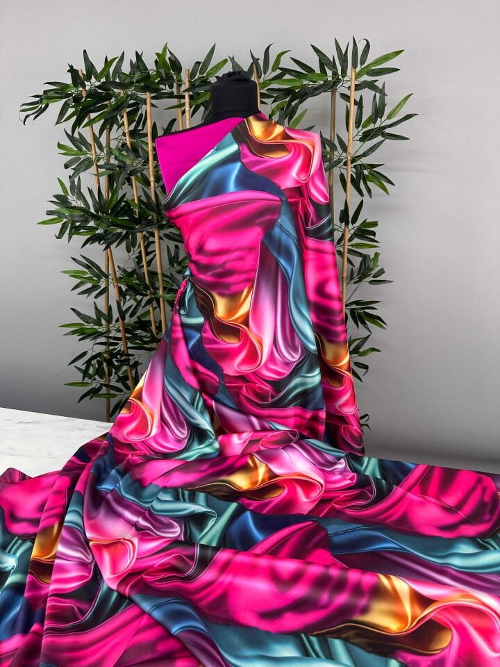 Renkli Dalga Desen Elbiselik Gömleklik Tivil Saten Kumaş