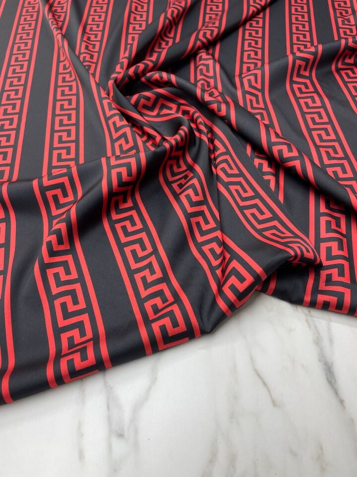 Kırmızı Yunan Motifleri Desen Elbiselik Gömleklik Tivil Saten Kumaş