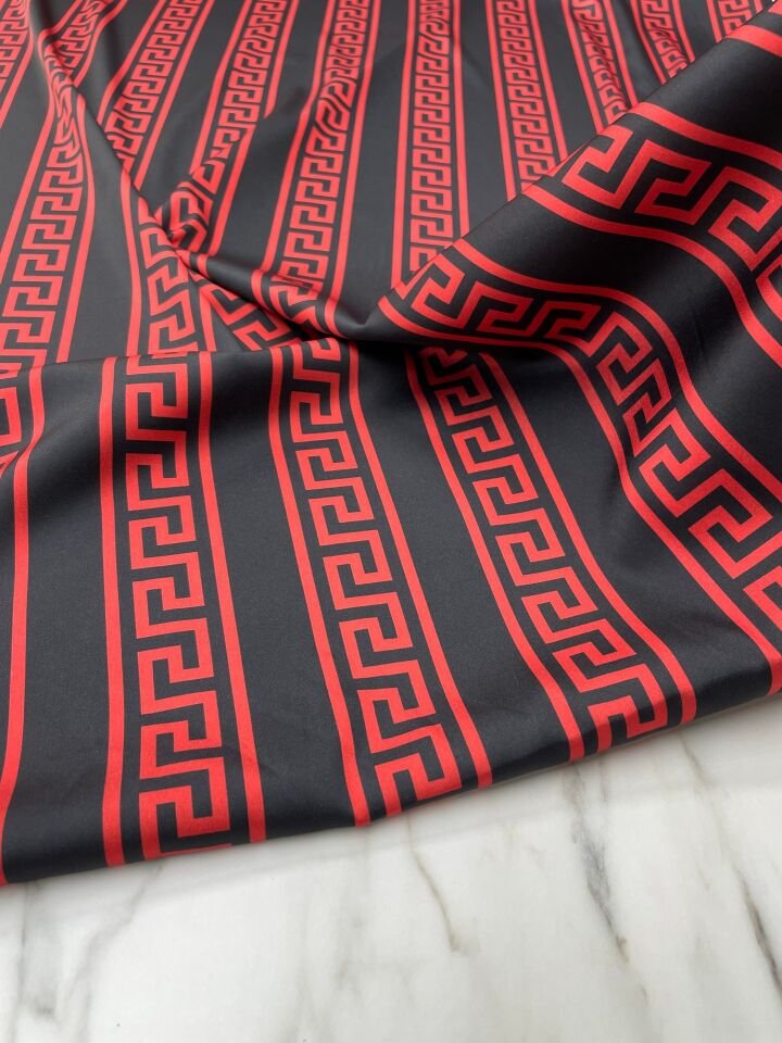 Kırmızı Yunan Motifleri Desen Elbiselik Gömleklik Tivil Saten Kumaş