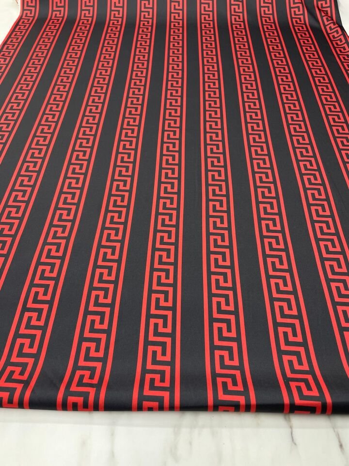 Kırmızı Yunan Motifleri Desen Elbiselik Gömleklik Tivil Saten Kumaş