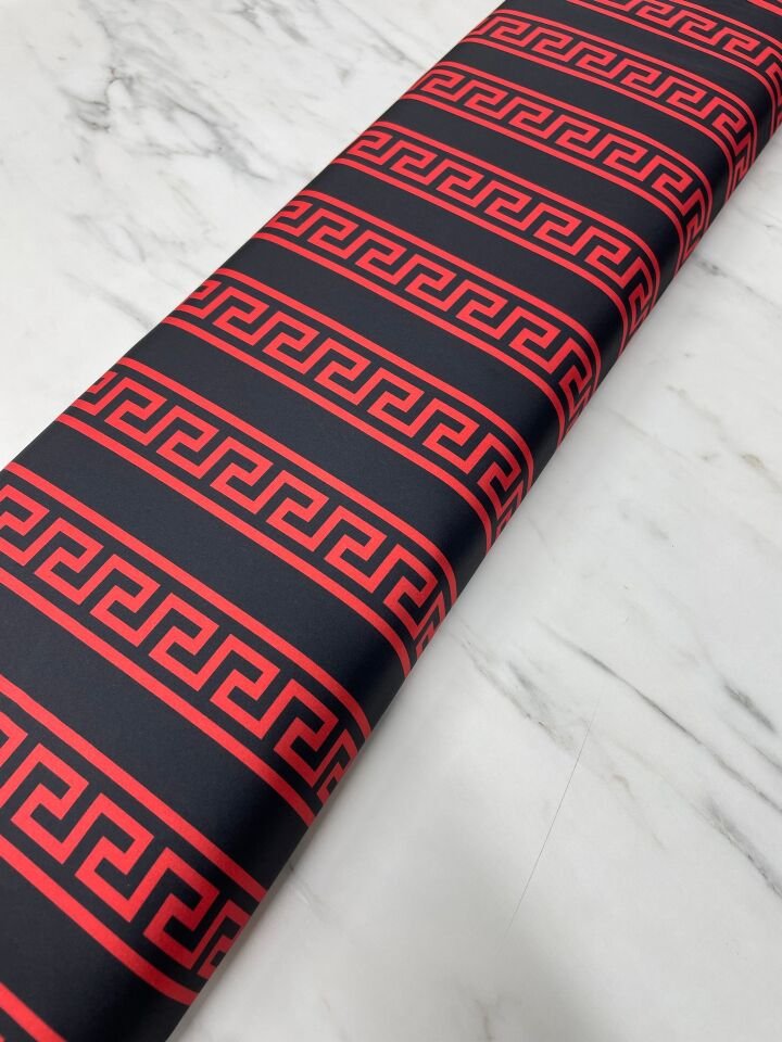 Kırmızı Yunan Motifleri Desen Elbiselik Gömleklik Tivil Saten Kumaş