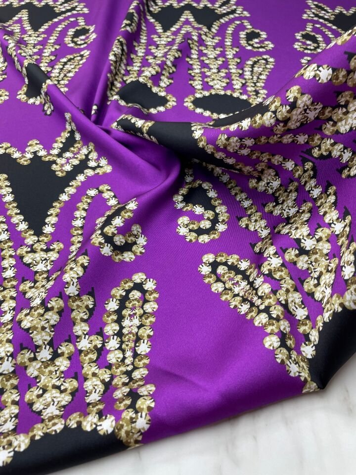 Mor İkatlı Desen Elbiselik Gömleklik Tivil Saten Kumaş