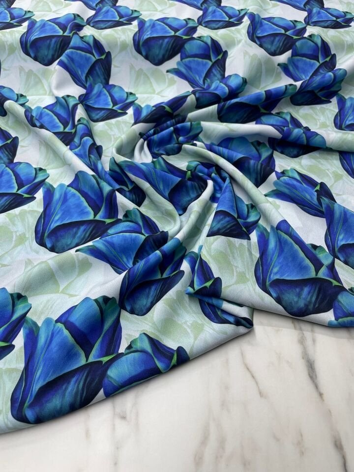 Mavi Gül Desen Elbiselik Gömleklik Krep Kumaş