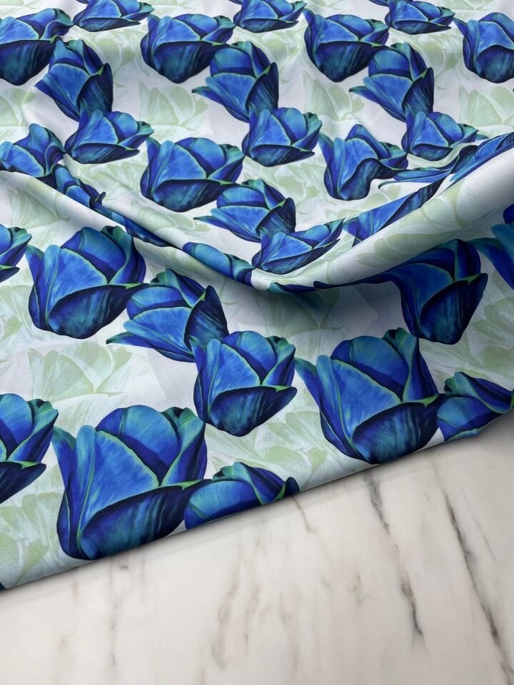 Mavi Gül Desen Elbiselik Gömleklik Krep Kumaş