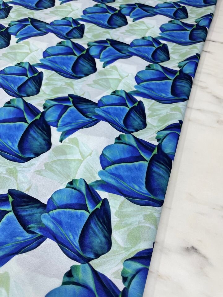 Mavi Gül Desen Elbiselik Gömleklik Krep Kumaş