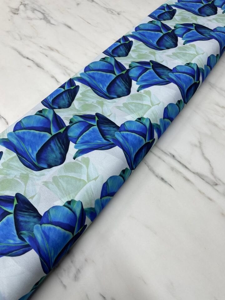 Mavi Gül Desen Elbiselik Gömleklik Krep Kumaş