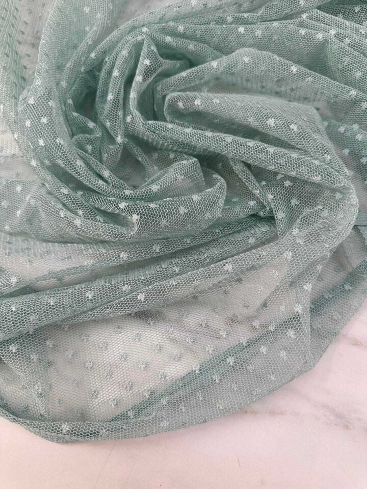 Mint Yeşili Desenli Tül