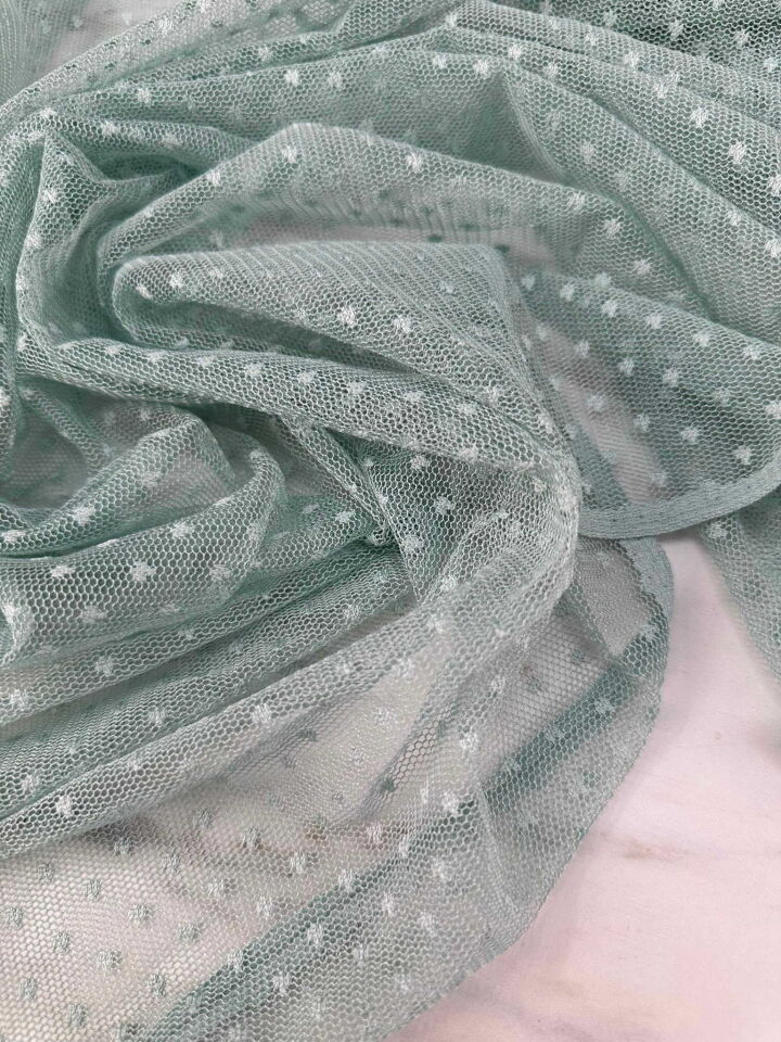 Mint Yeşili Desenli Tül