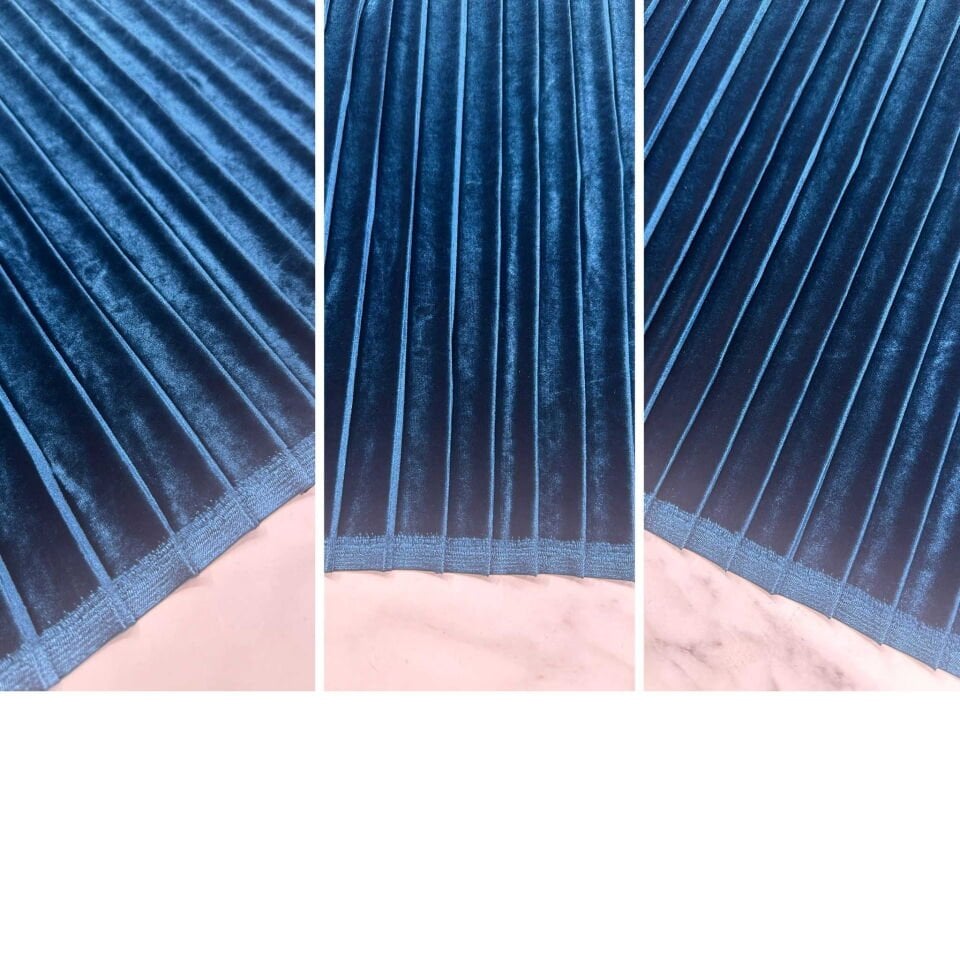 Petrol Mavi Pilise ipek Kadife Elbise Etek Yelek